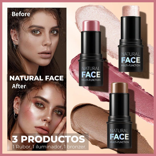Set Natural Face – Rubor, Bronzer e Iluminador 3‑em‑1